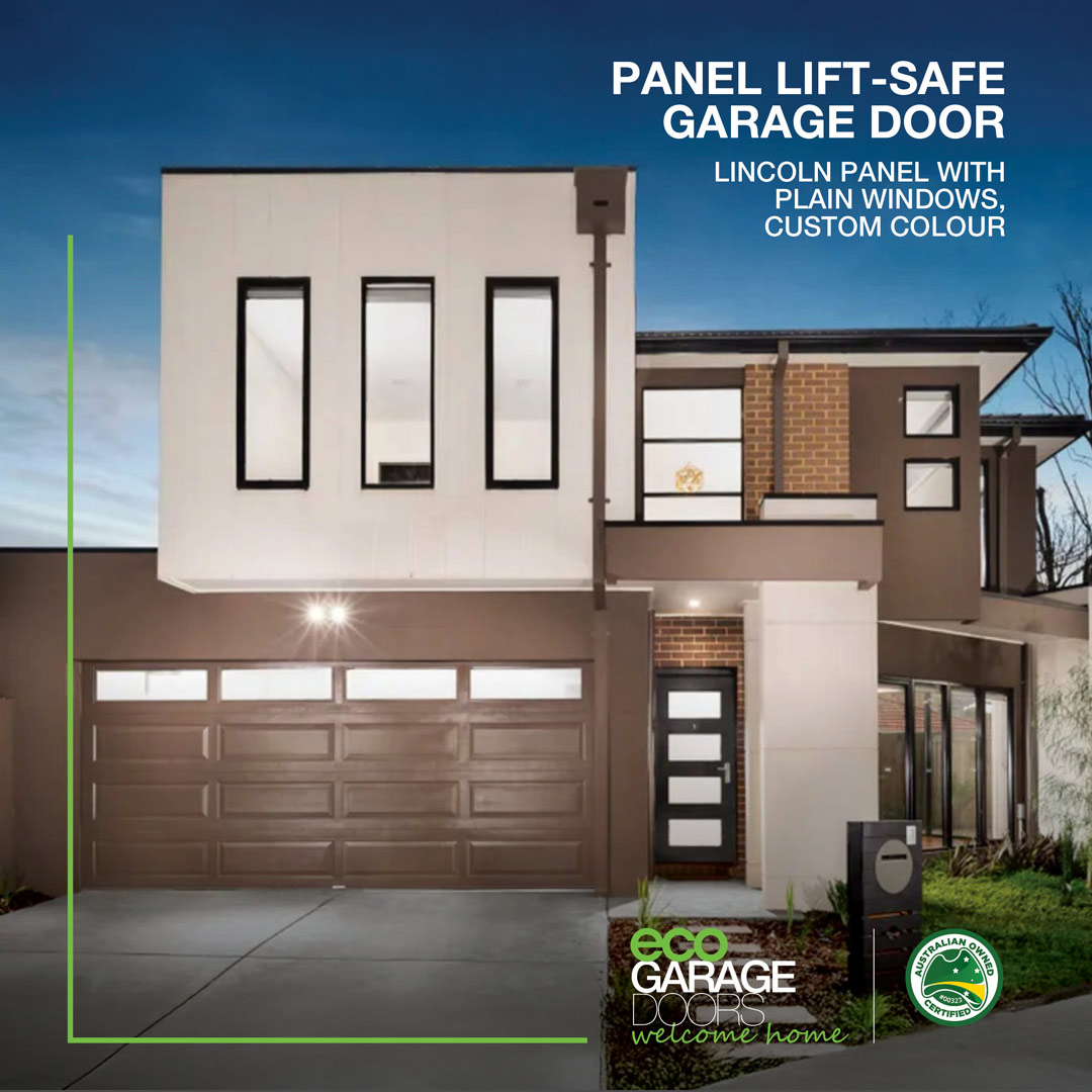 Panel lift safe garage door, Lincoln Panel with plain windows, Custom colour